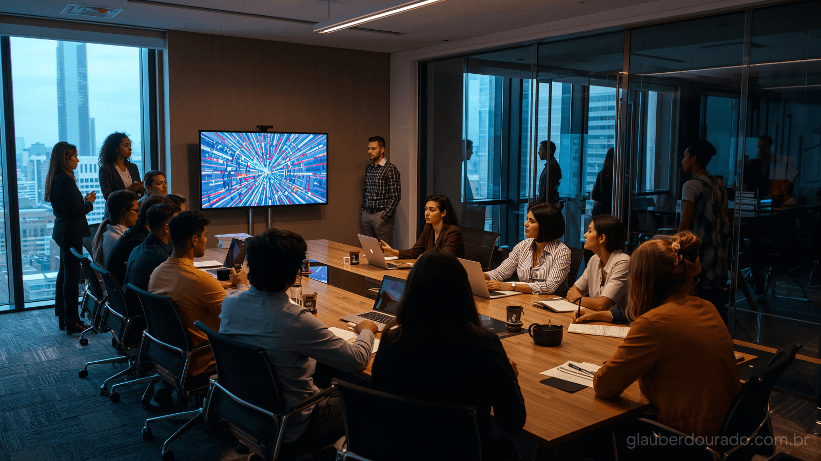 Reunião corporativa em uma sala moderna com profissionais ao redor de uma mesa, laptops abertos e uma tela exibindo uma imagem abstrata de tecnologia, sugerindo apresentação sobre inovação, automação ou inteligência artificial nos negócios.