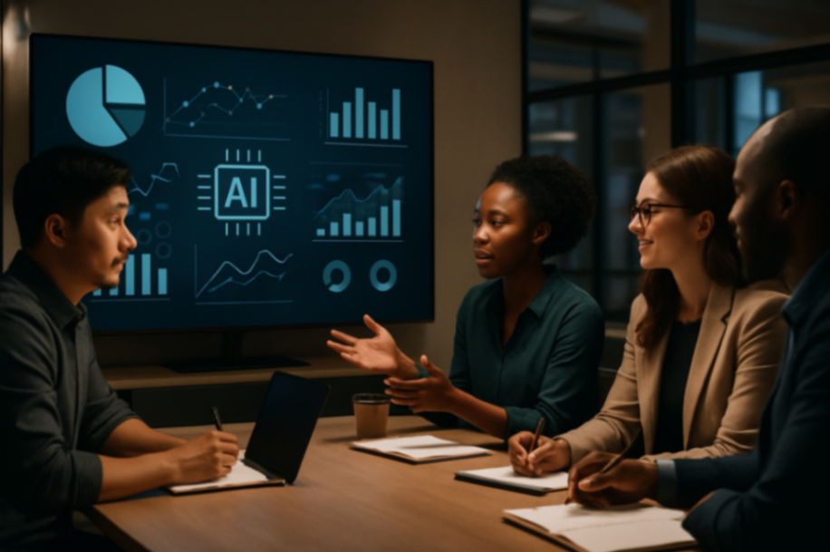 Quatro profissionais discutem estratégias de IA em uma reunião, com gráficos e dados exibidos em uma tela ao fundo.