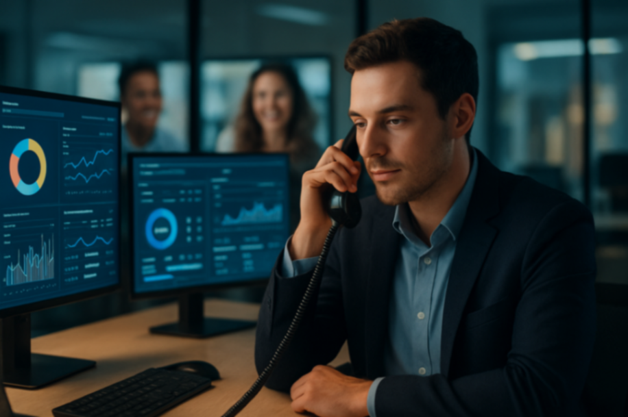 Homem em traje formal falando ao telefone, com gráficos e dados em monitores ao fundo, enquanto colegas sorriem.