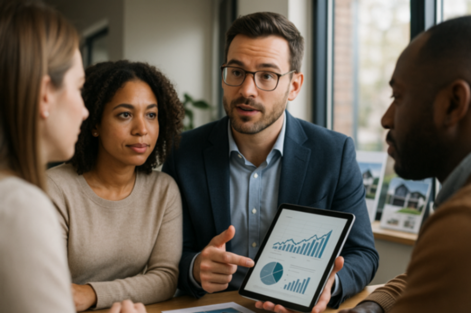 Quatro pessoas em uma reunião discutem gráficos em um tablet, com expressões atentas e um ambiente de escritório moderno.