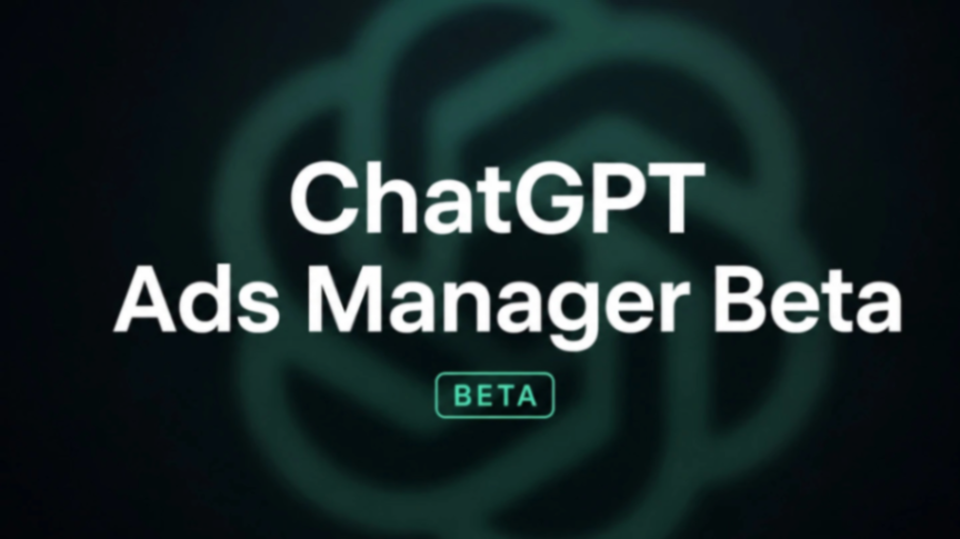 Texto em destaque com as palavras "ChatGPT Ads Manager Beta" em branco sobre fundo escuro, com um símbolo de beta em verde.