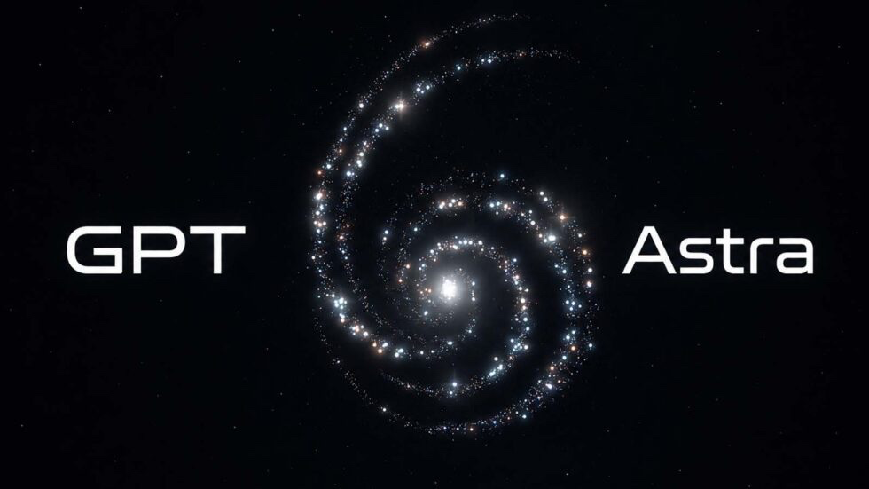 Fundo escuro com uma espiral de estrelas brilhantes, com as palavras "GPT" e "Astra" em destaque.