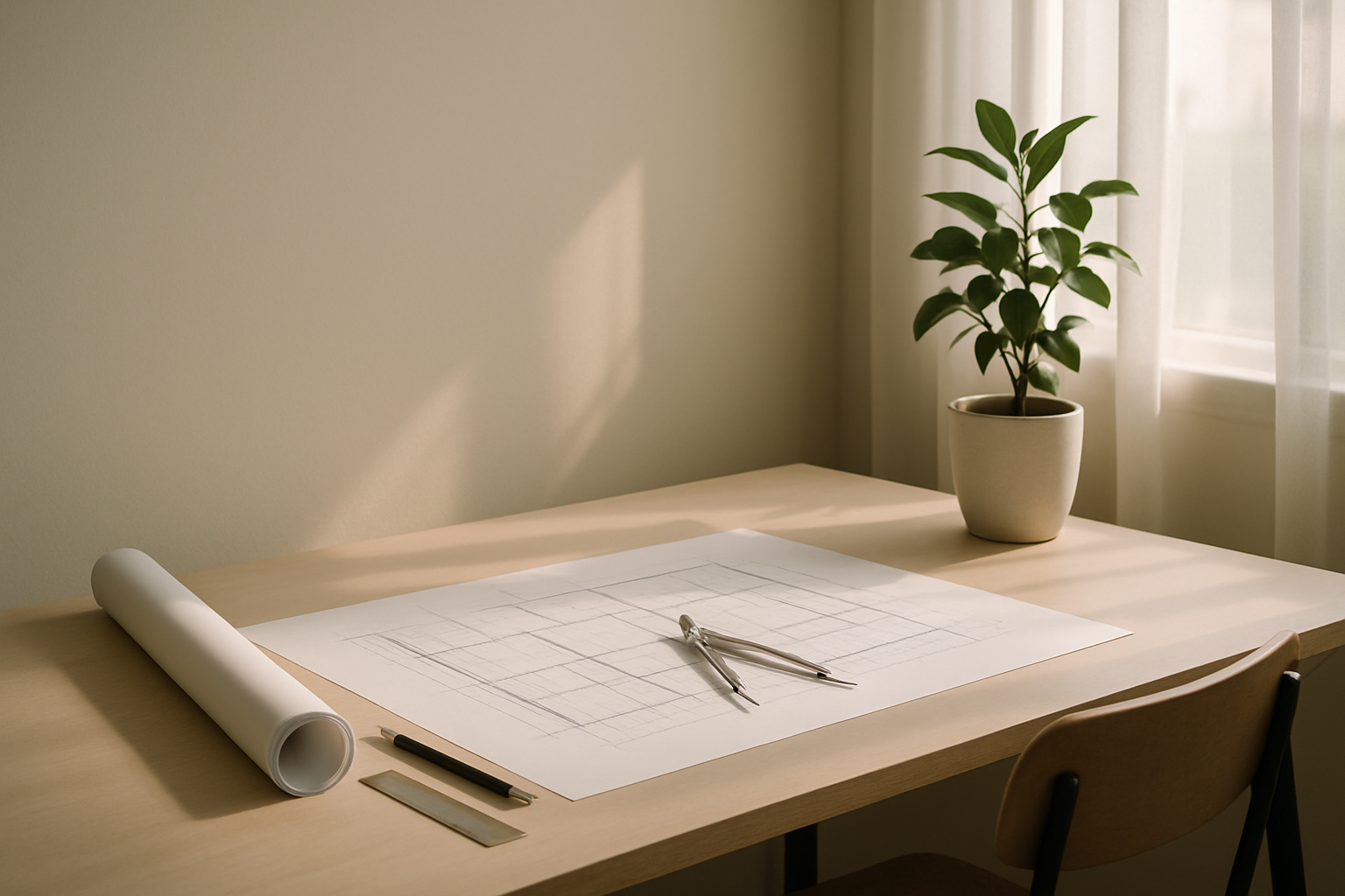 Mesa de trabalho com planta arquitetônica, compasso, régua e uma planta em vaso ao fundo, iluminada por luz natural.