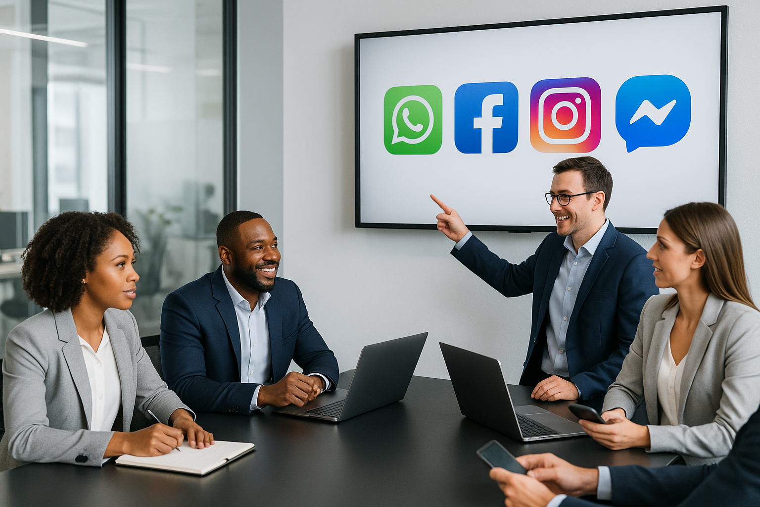 Quatro profissionais em uma reunião discutem estratégias, com ícones de redes sociais exibidos em uma tela ao fundo.