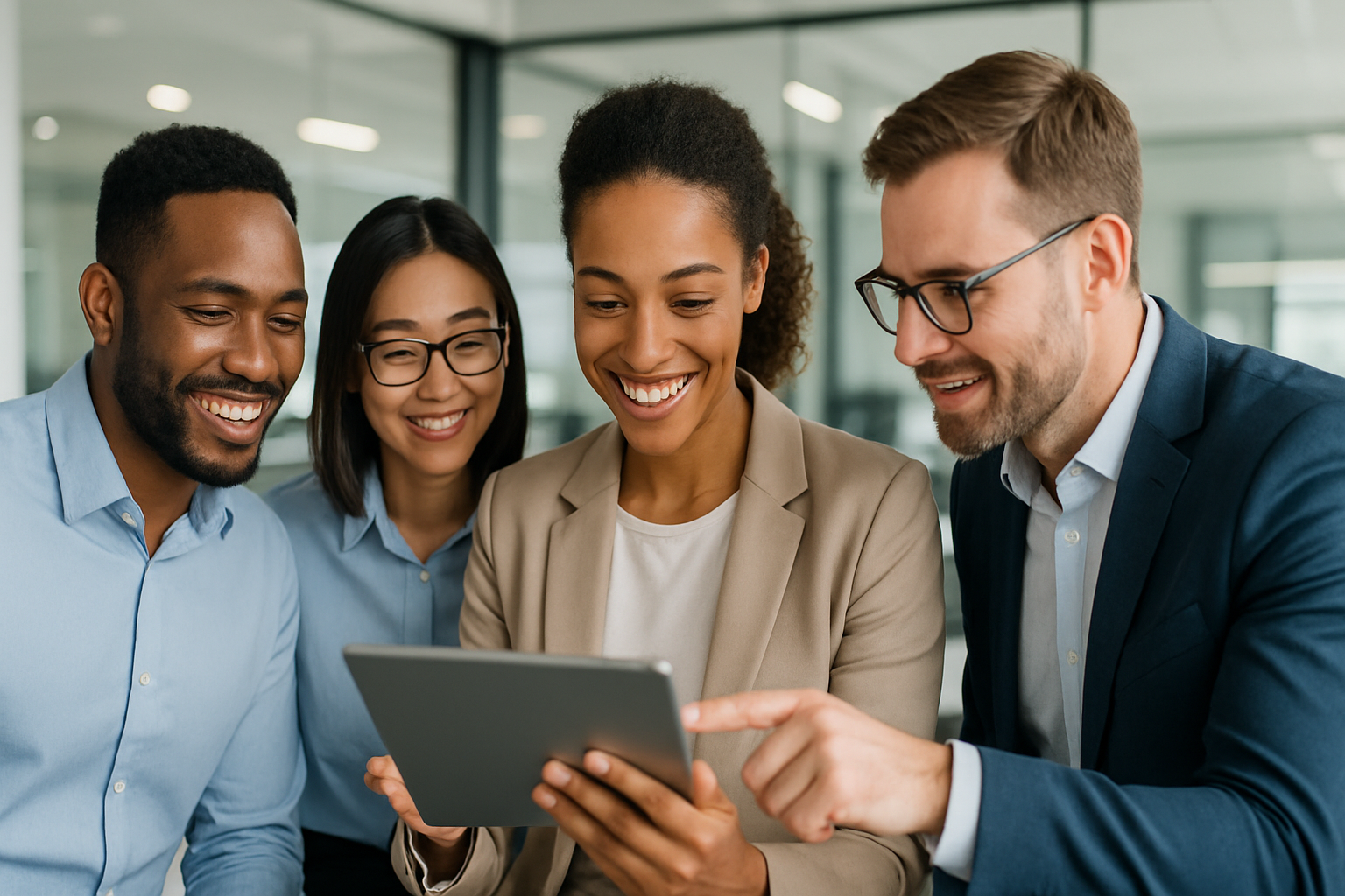 Quatro pessoas sorrindo e interagindo em um ambiente de escritório, olhando para um tablet.
