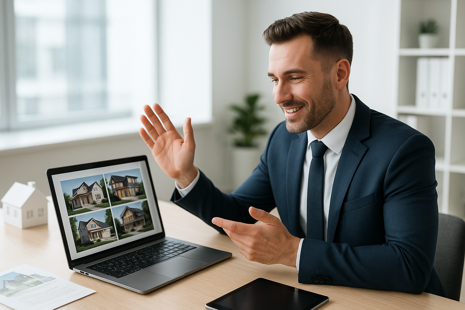 Profissional em terno sorri e gesticula enquanto apresenta imagens de casas em um laptop, com ambiente de escritório ao fundo.
