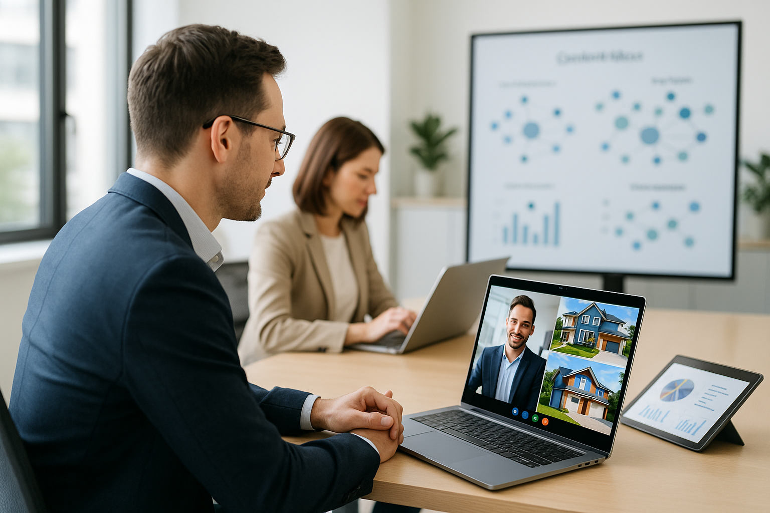 Dois profissionais em uma reunião, um deles em videoconferência, com gráficos e dados sobre o mercado imobiliário ao fundo.