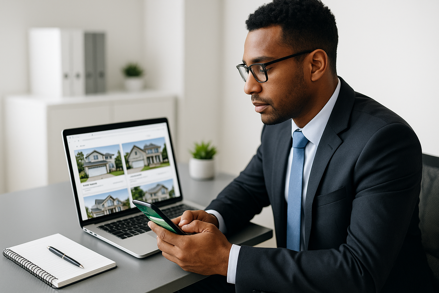 Homem em traje formal usa smartphone enquanto observa propriedades em um laptop em um ambiente de escritório moderno.
