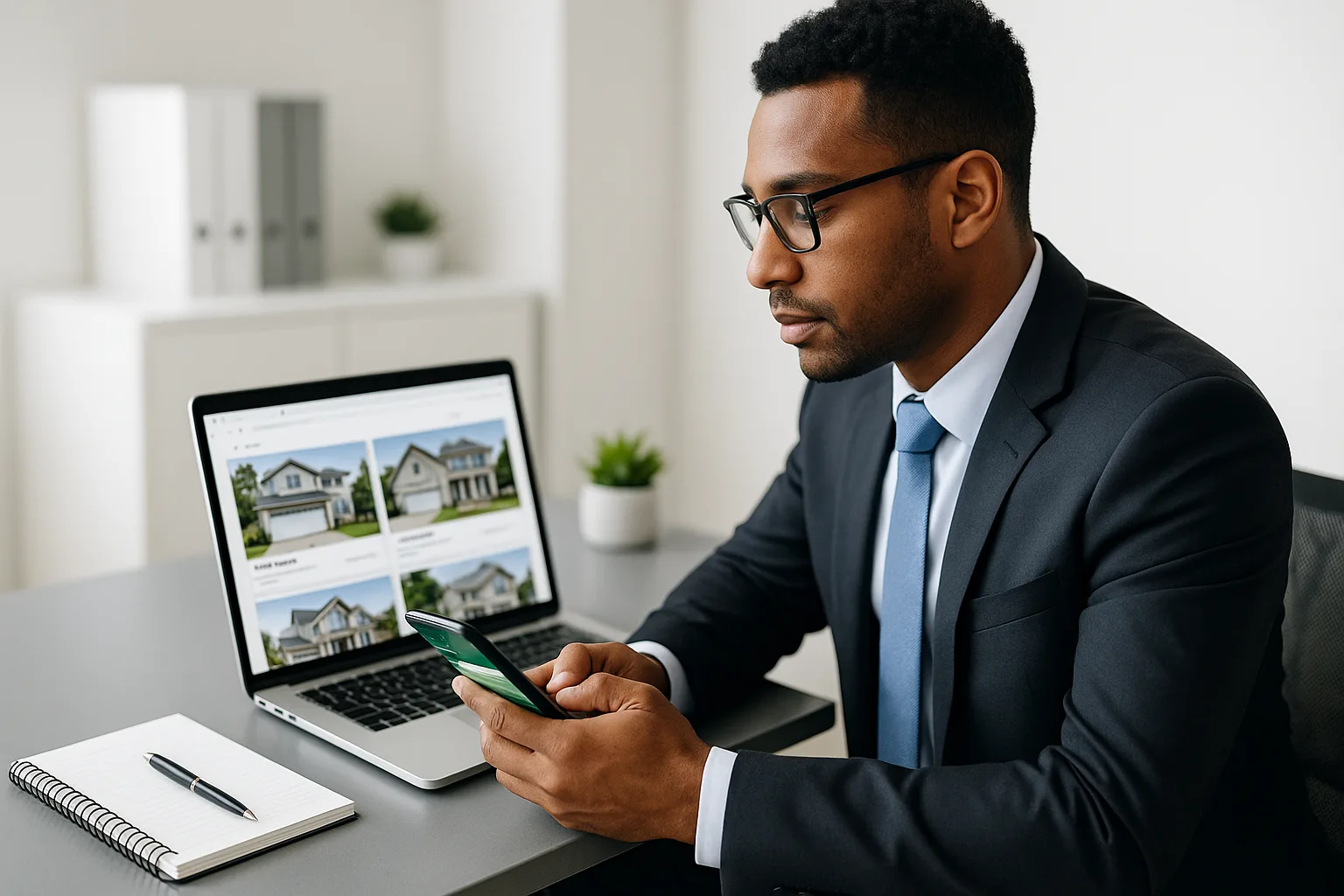 Homem em traje formal usa smartphone enquanto observa propriedades em um laptop em um ambiente de escritório moderno.