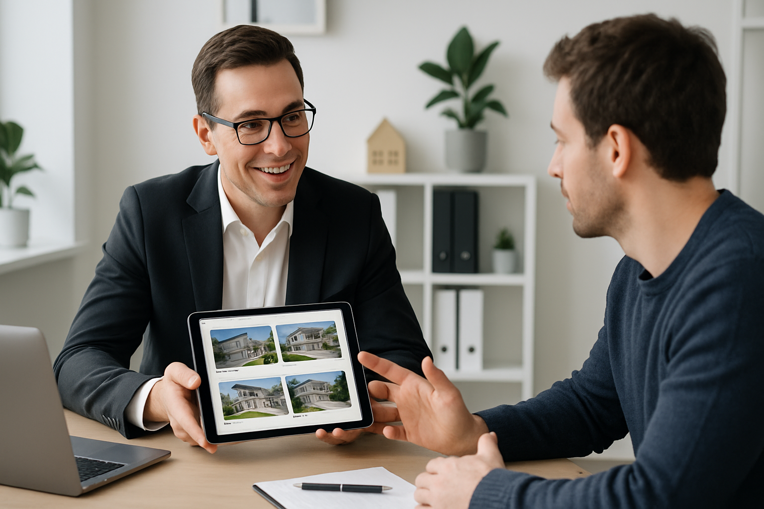 Corretor apresenta imóveis em um tablet para um cliente em um ambiente de escritório moderno e bem iluminado.