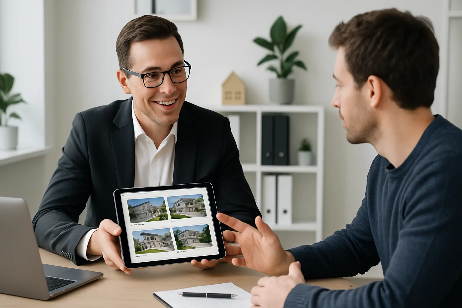 Corretor apresenta imóveis em um tablet para um cliente em um ambiente de escritório moderno e bem iluminado.
