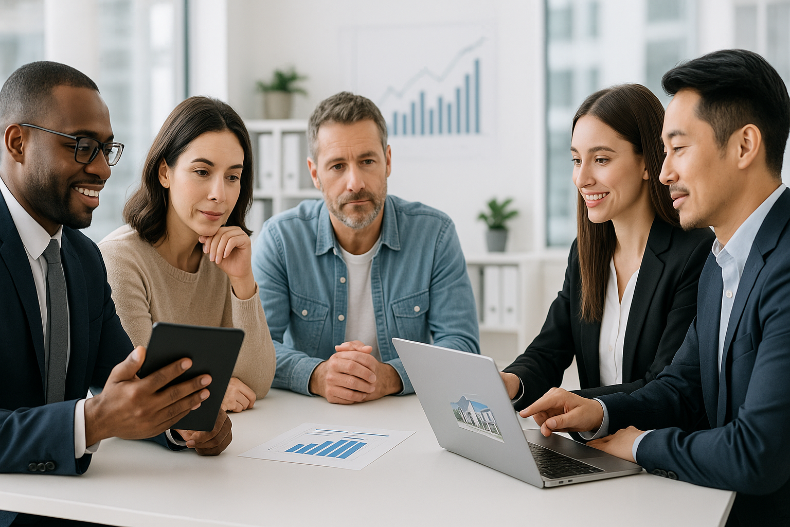 Grupo de cinco pessoas em reunião, analisando gráficos e dados em dispositivos eletrônicos, com expressões atentas.
