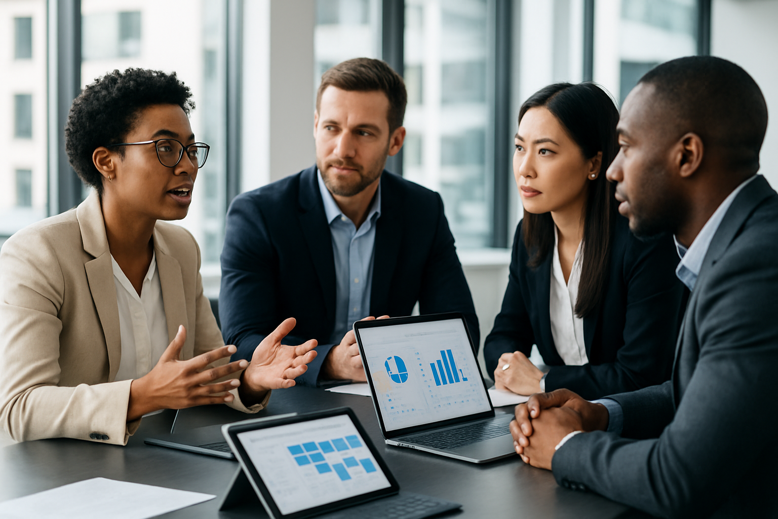 Quatro profissionais em uma reunião, discutindo gráficos e dados em laptops, com expressões atentas e envolvidas.