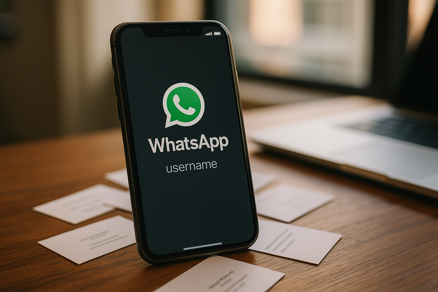 Um smartphone exibe a tela do WhatsApp com a palavra "username", cercado por cartões de visita em uma mesa de madeira.