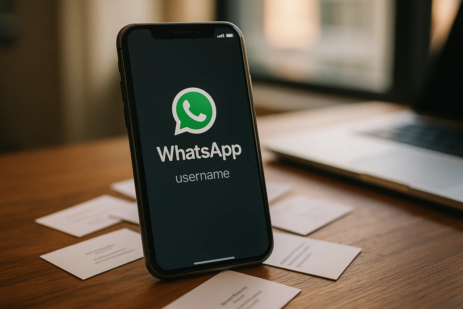 Um smartphone exibe a tela do WhatsApp com a palavra "username", cercado por cartões de visita em uma mesa de madeira.