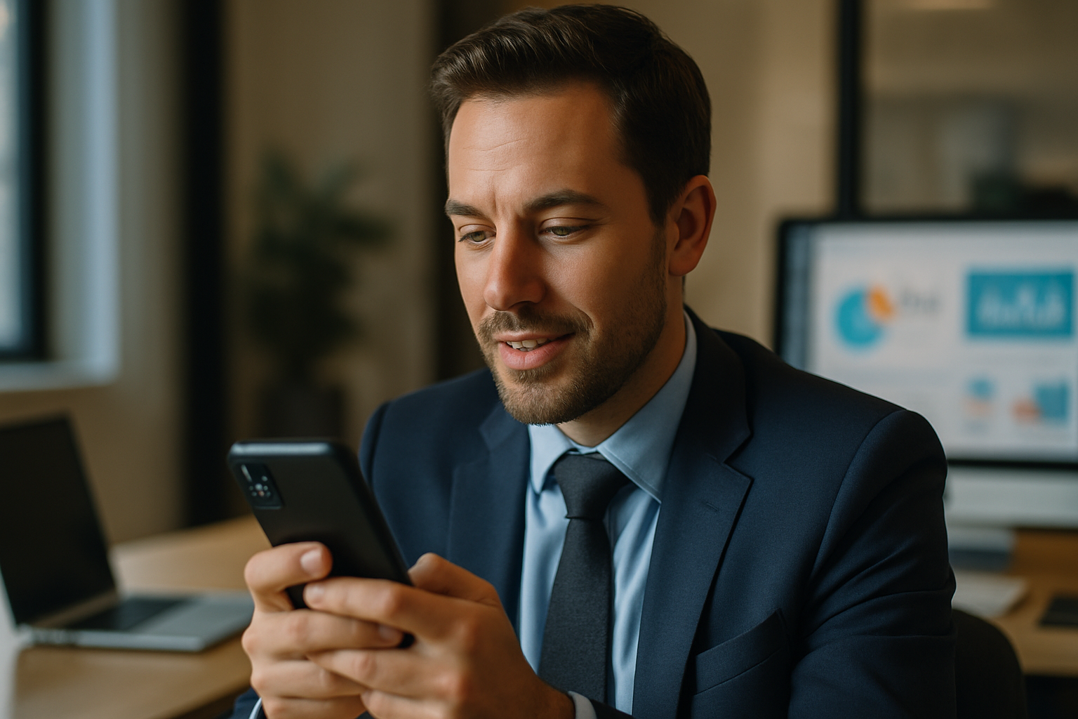 Homem de terno sorrindo enquanto usa um smartphone em um ambiente de escritório moderno com computadores ao fundo.