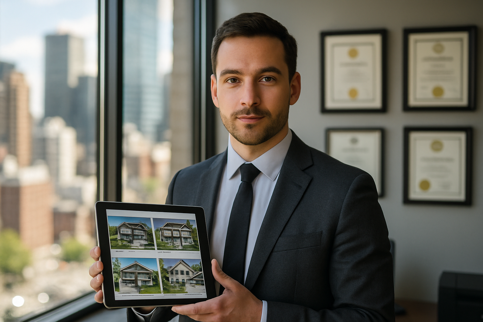 Homem de terno segurando um tablet com imagens de imóveis, em um escritório com vista para a cidade ao fundo.