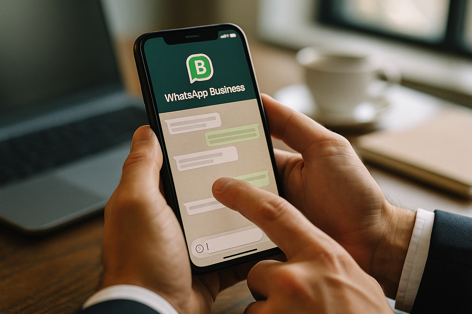 Tela do aplicativo WhatsApp Business em um smartphone, com mensagens de texto visíveis e uma mão interagindo com o dispositivo.