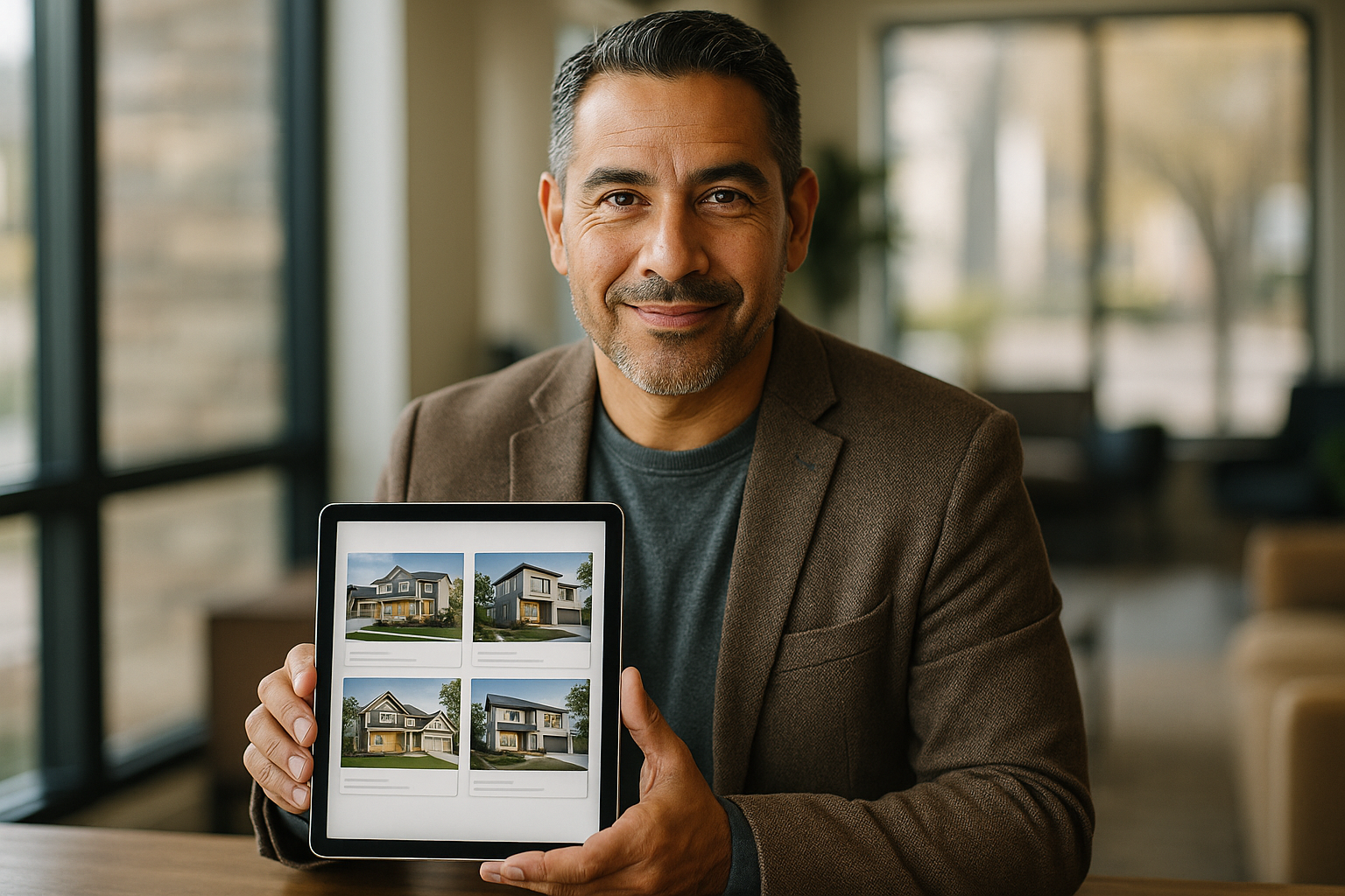 Homem sorridente em um ambiente moderno segura um tablet exibindo fotos de imóveis.