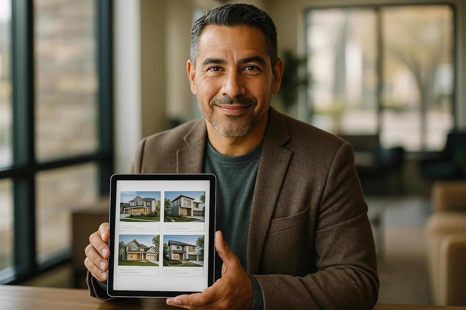 Homem sorridente em um ambiente moderno segura um tablet exibindo fotos de imóveis.