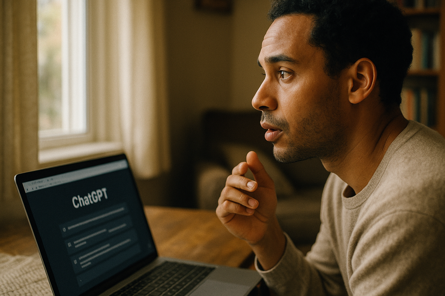 Homem pensativo em frente a um laptop com a tela exibindo o site do ChatGPT, em ambiente aconchegante.