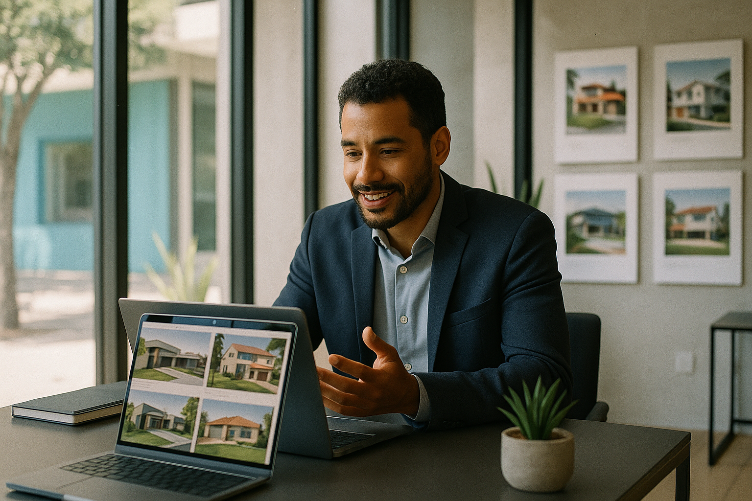 Homem sorridente em um escritório moderno, conversando e mostrando fotos de imóveis em um laptop.