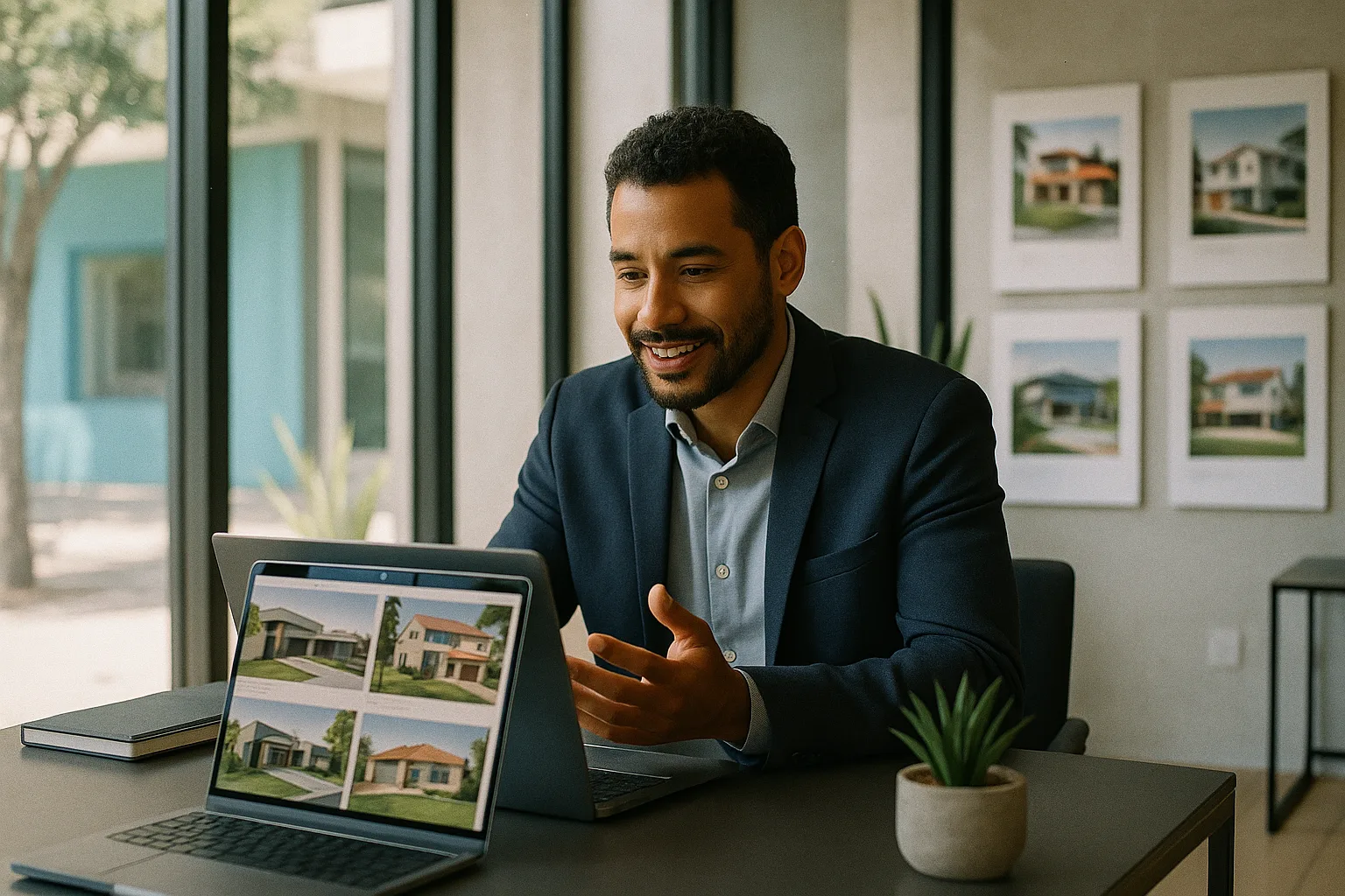 Homem sorridente em um escritório moderno, conversando e mostrando fotos de imóveis em um laptop.