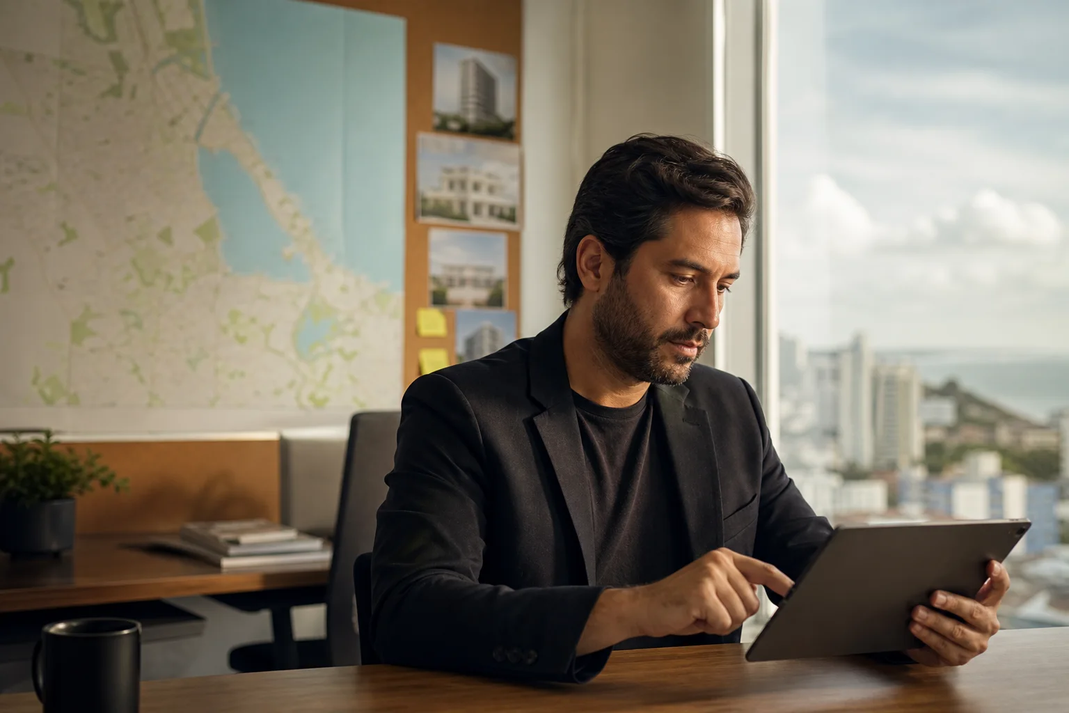 Corretor imobiliário em escritório moderno de Natal, analisando CRM digital para melhorar follow-up de leads