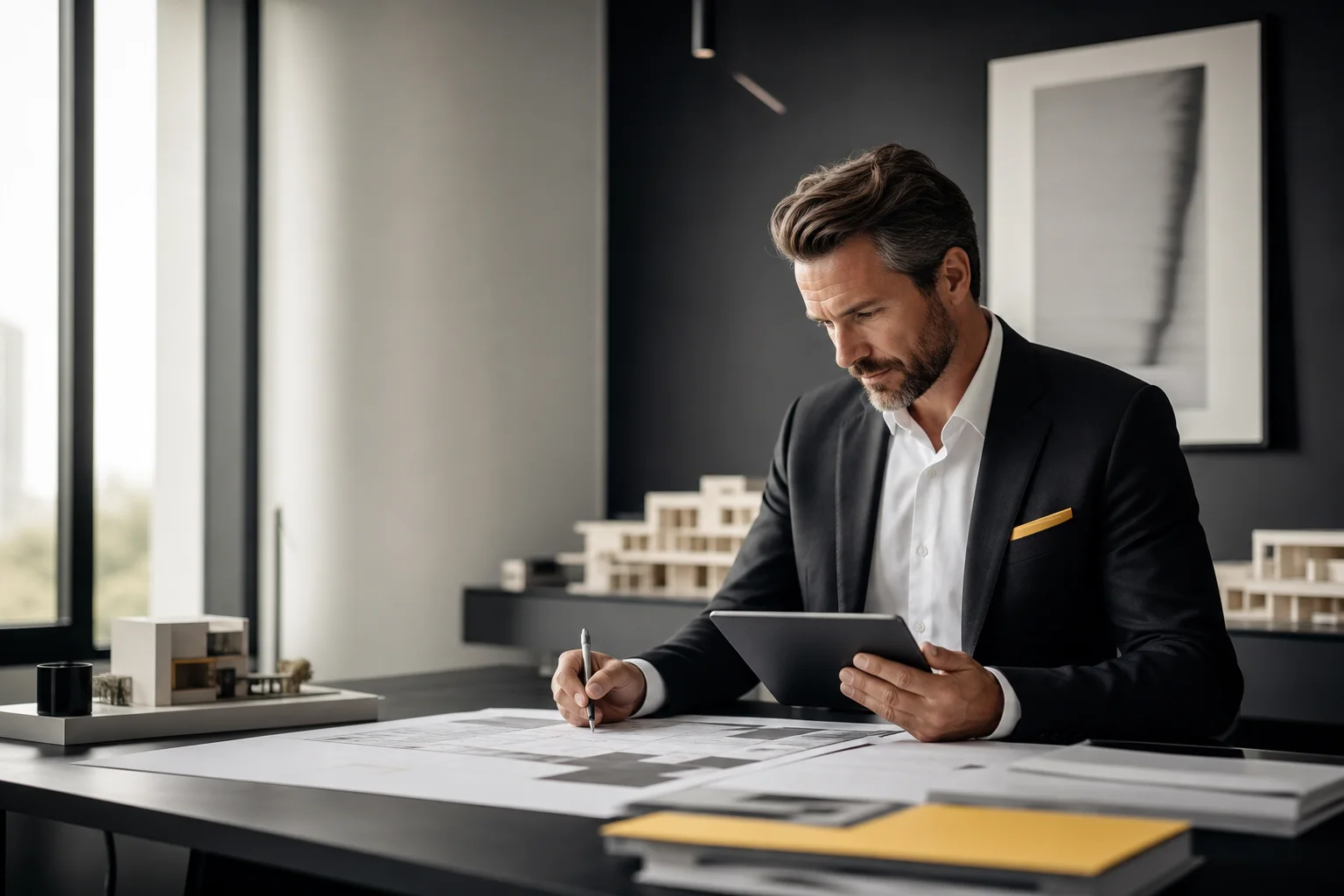 Corretor imobiliário revisando documentos e tablet em escritório moderno com luz natural suave