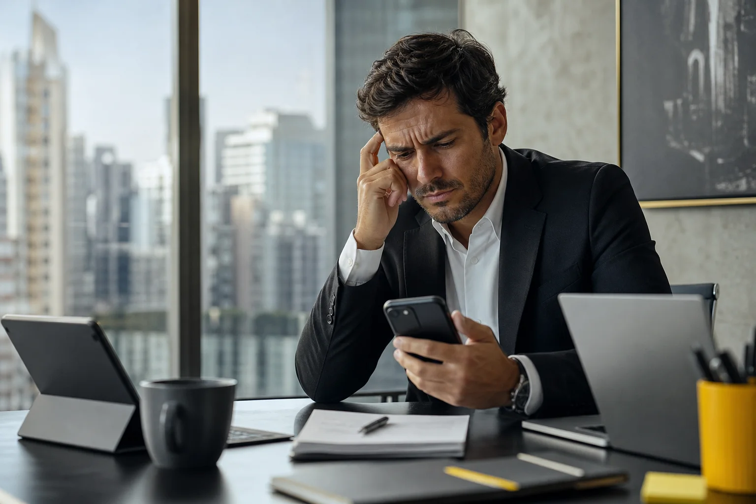 Corretor imobiliário brasileiro olhando smartphone, simbolizando o desafio do follow-up imobiliário eficiente
