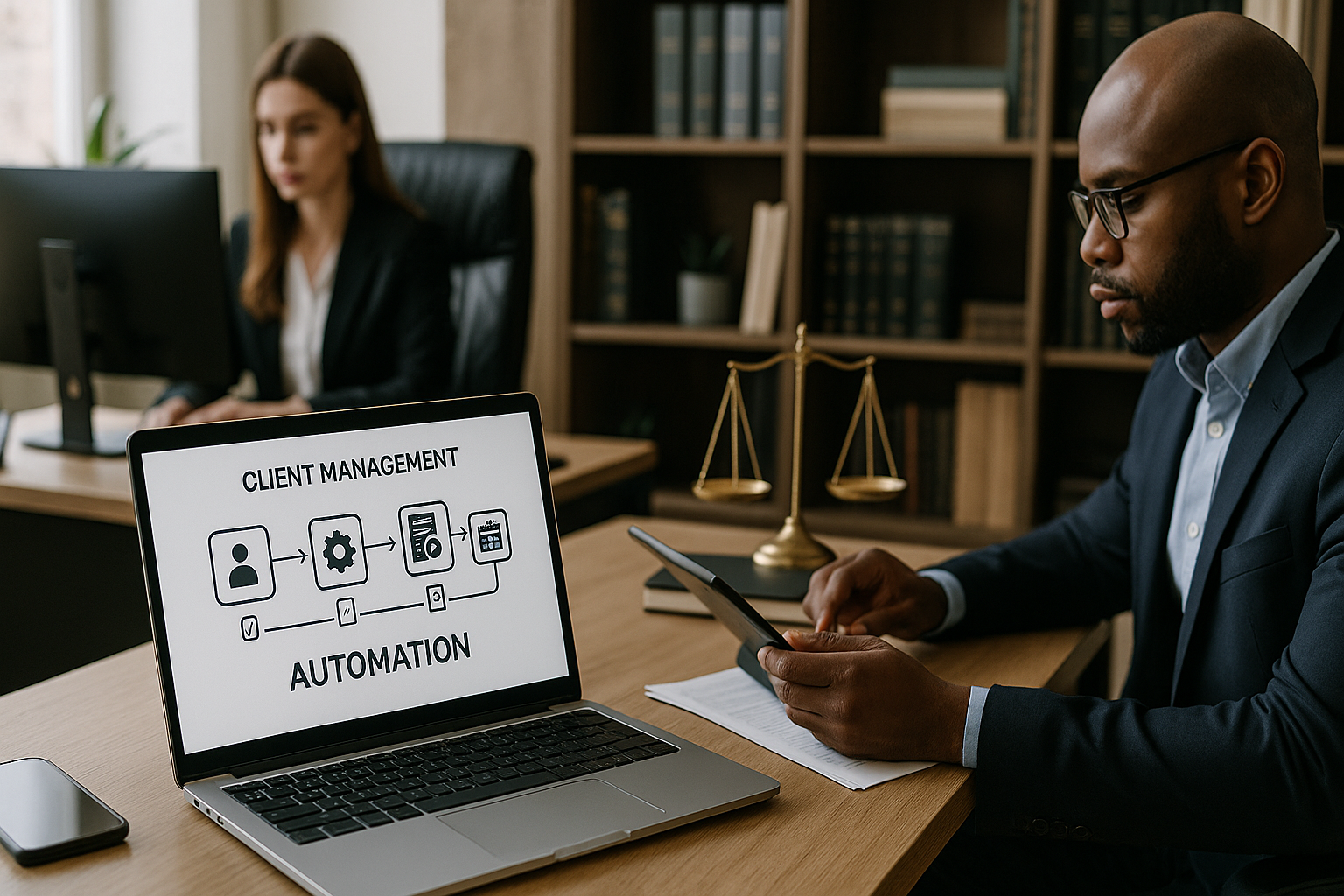 Escritório de advocacia moderno utilizando tecnologia para atendimento.