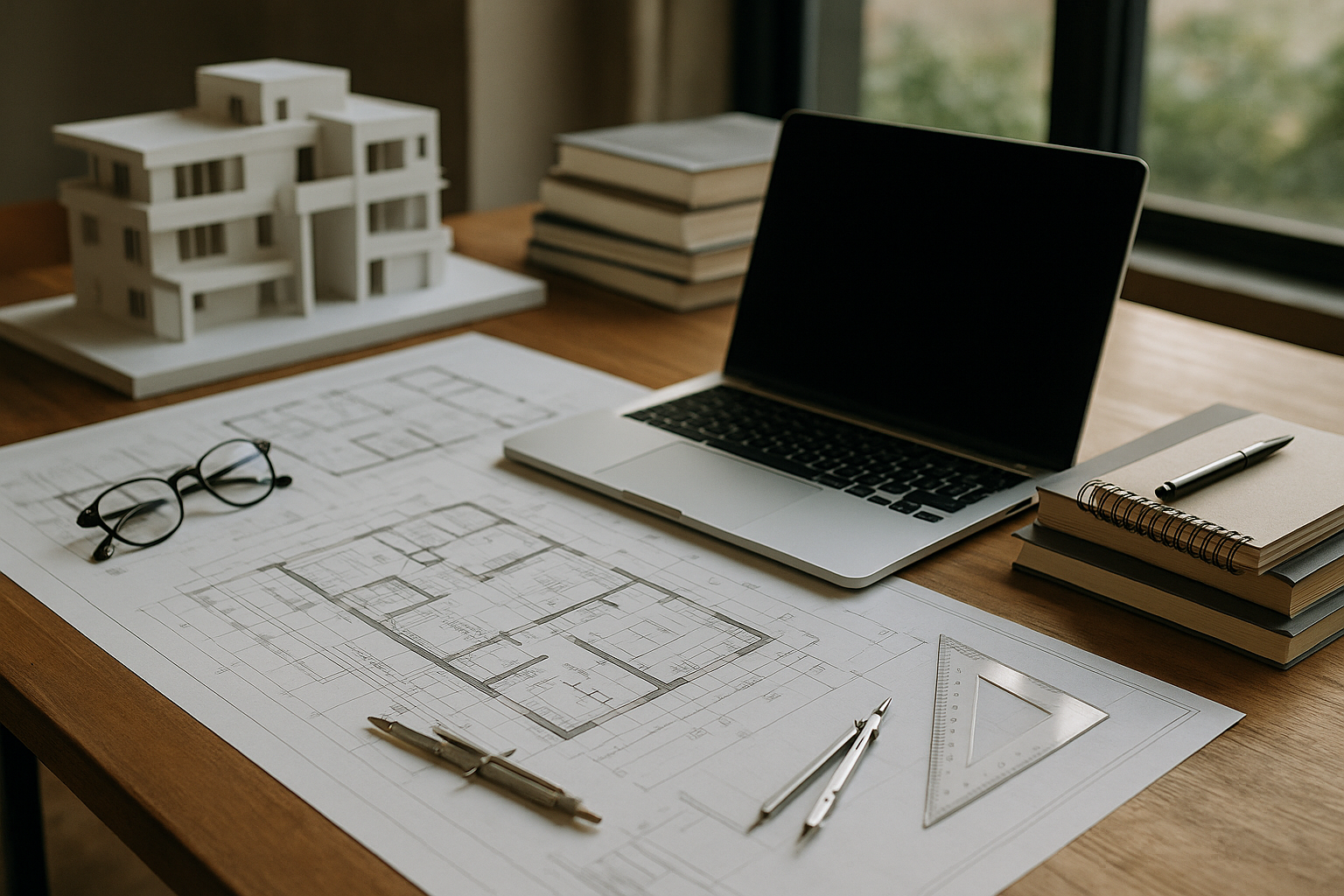 Espaço de trabalho moderno de um arquiteto com materiais educativos.