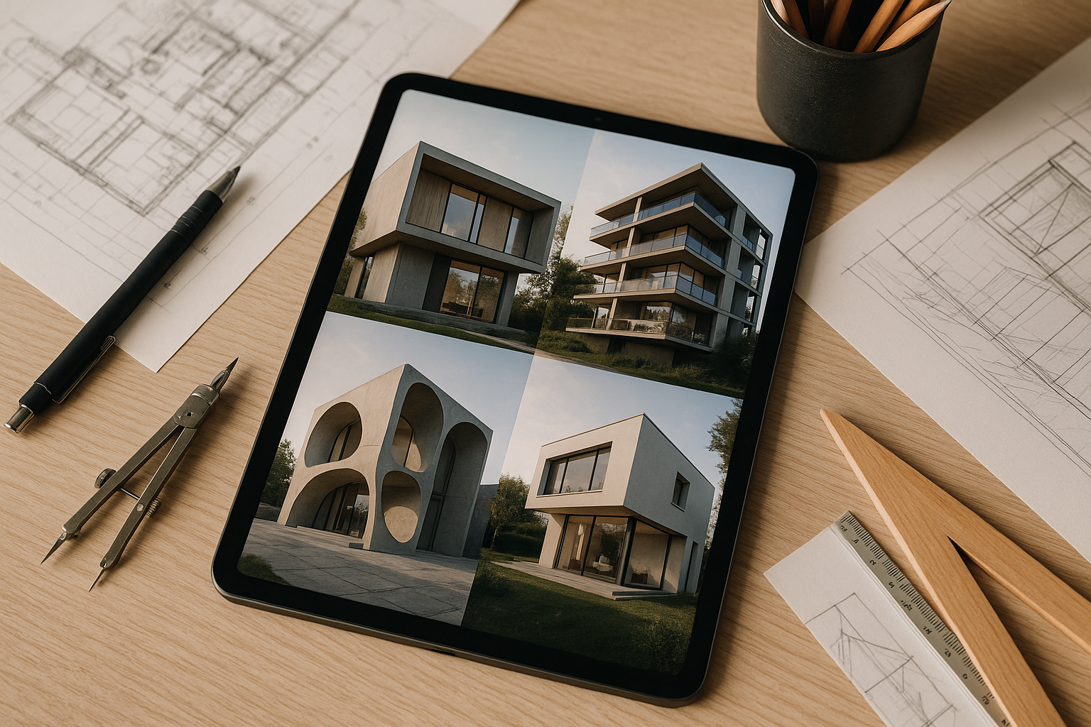Tablet digital mostrando ideias de conteúdo geradas por IA para arquitetura.
