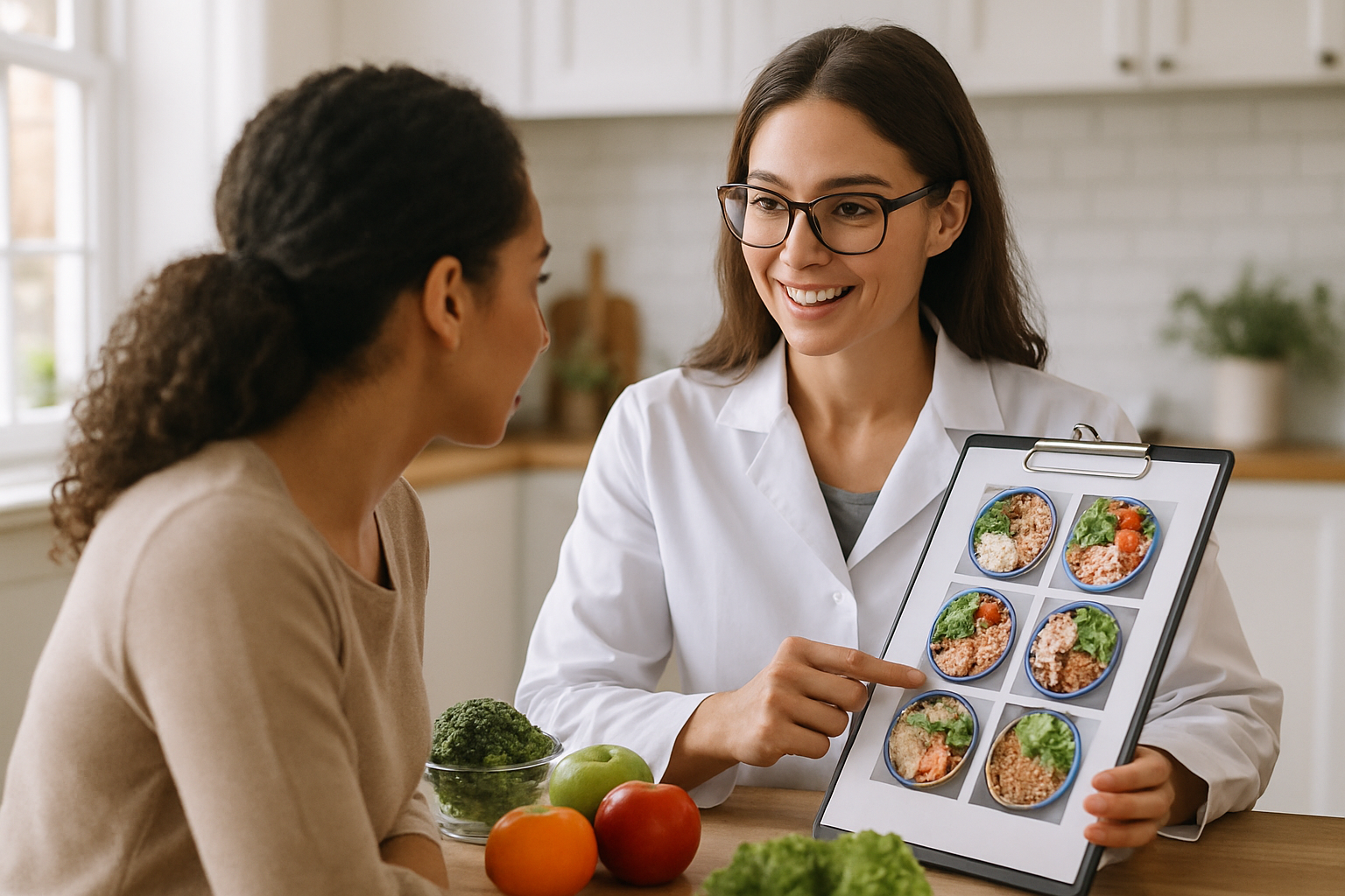 Nutricionista apresentando planos de refeições saudáveis a um cliente.