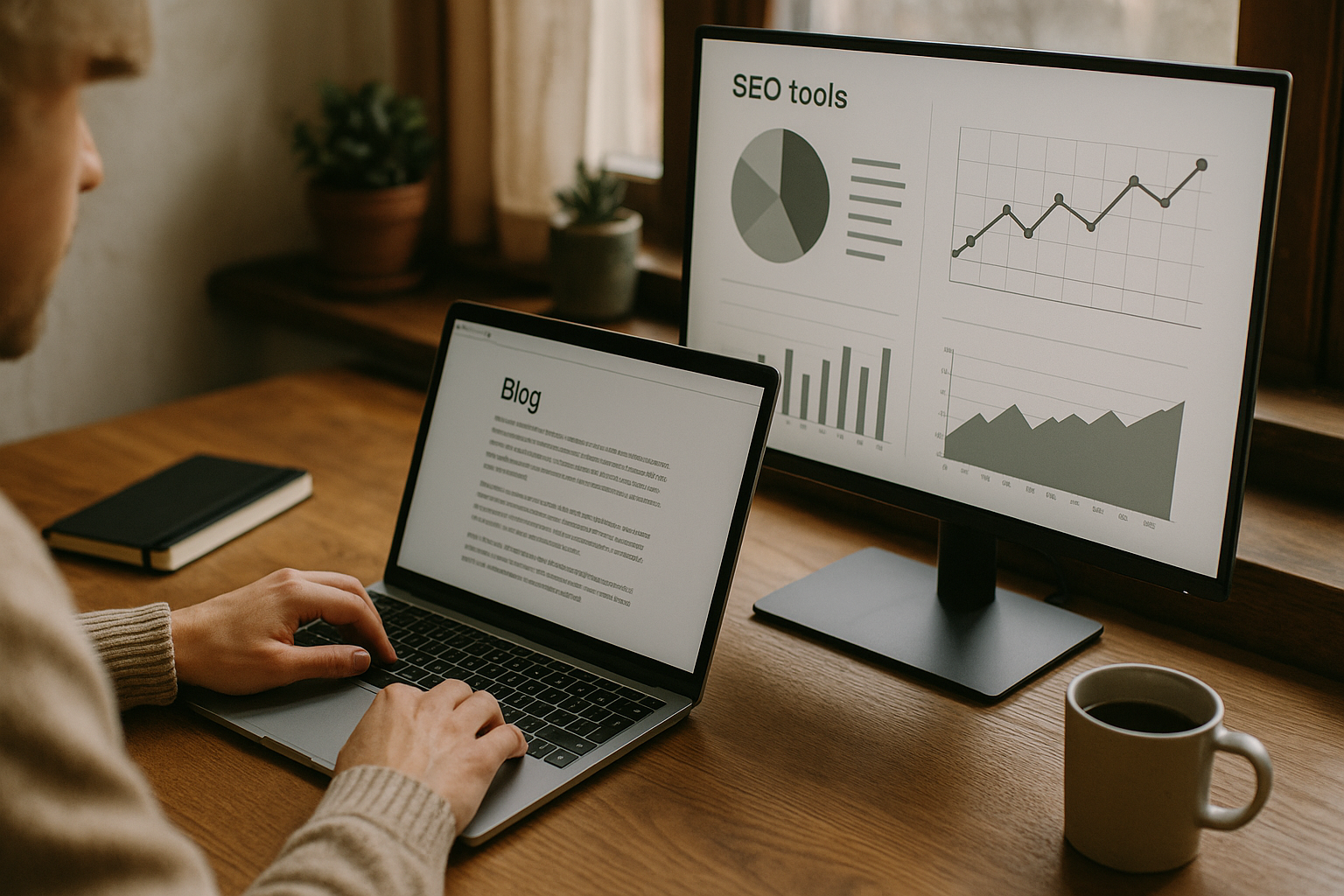 Pessoa escrevendo em um blog com ferramentas de SEO em destaque.