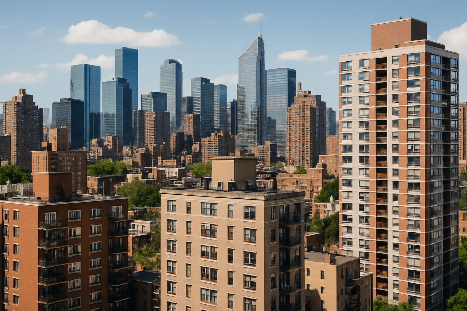 Vista da cidade com diferentes tipos de imóveis, representando o mercado imobiliário.