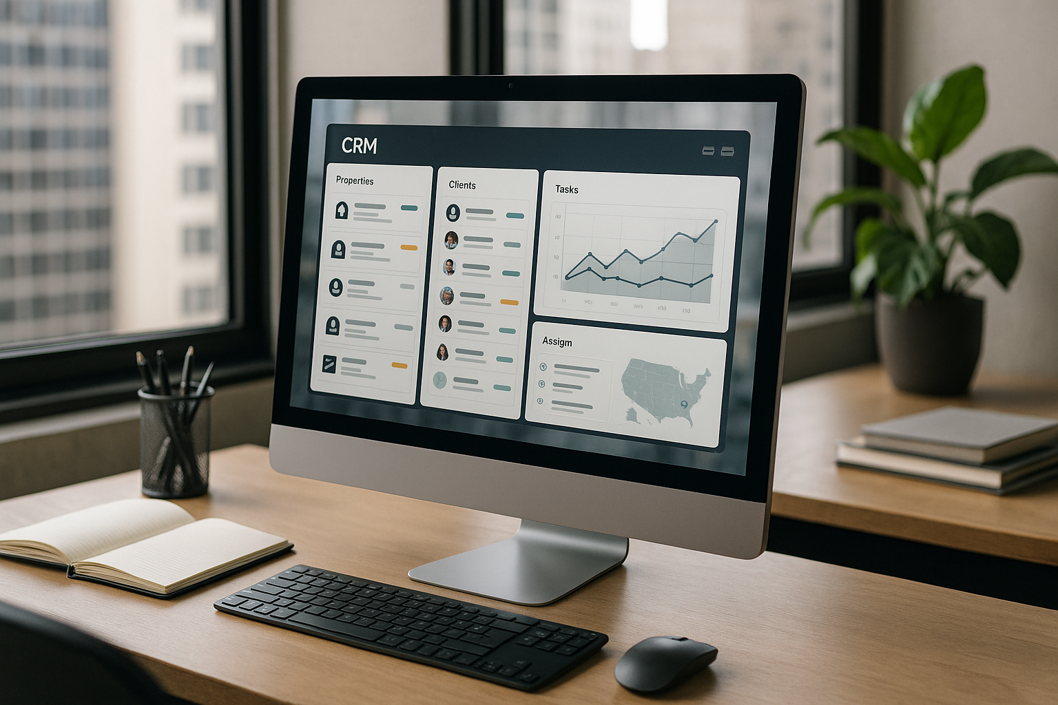 Configuração de escritório moderno com software de CRM.