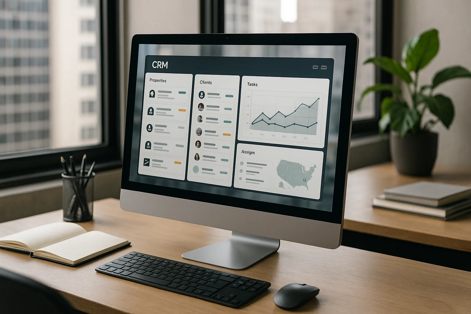 Configuração de escritório moderno com software de CRM.