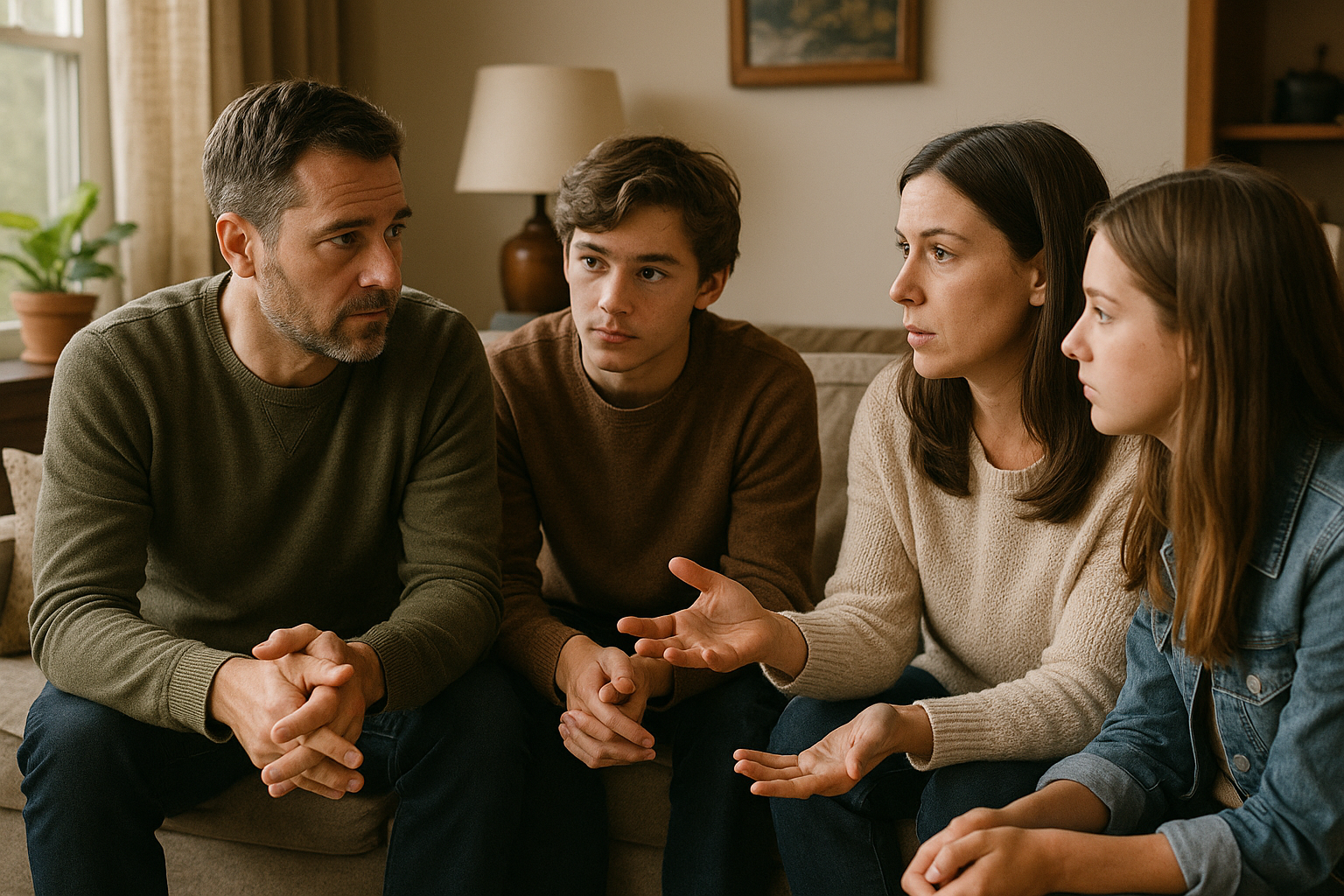 Família discutindo a importância do contexto na compra de imóveis.