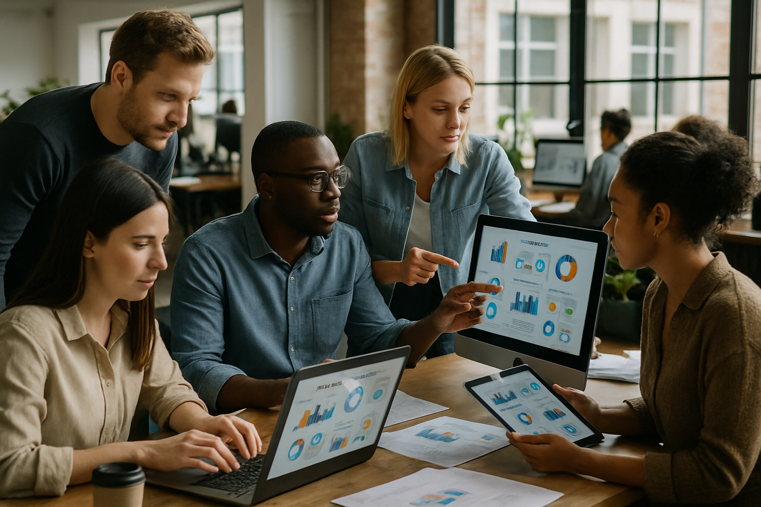 Ambiente de escritório com colaboração em estratégias de marketing digital.