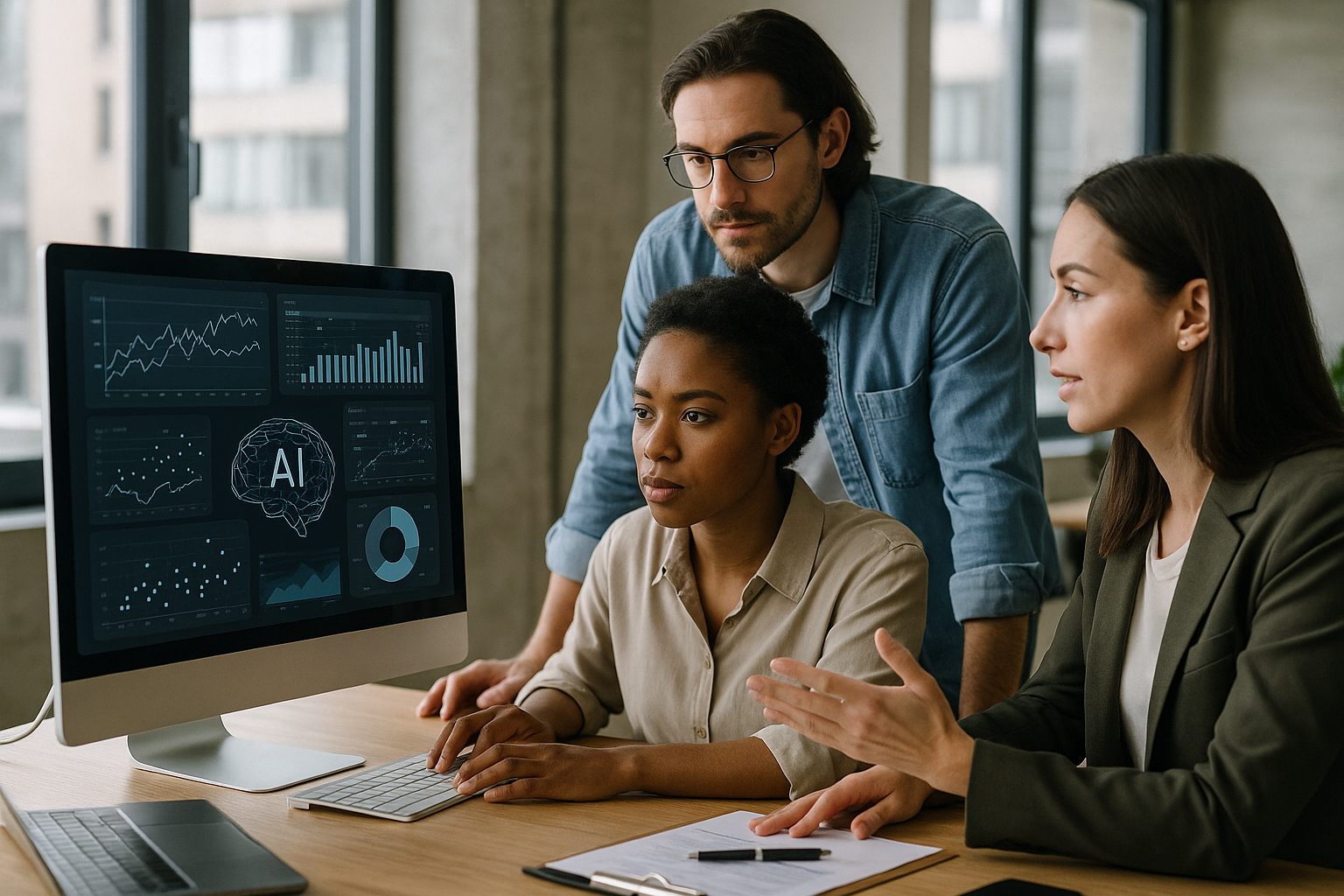 Espaço de trabalho moderno com tecnologia de IA em uso.
