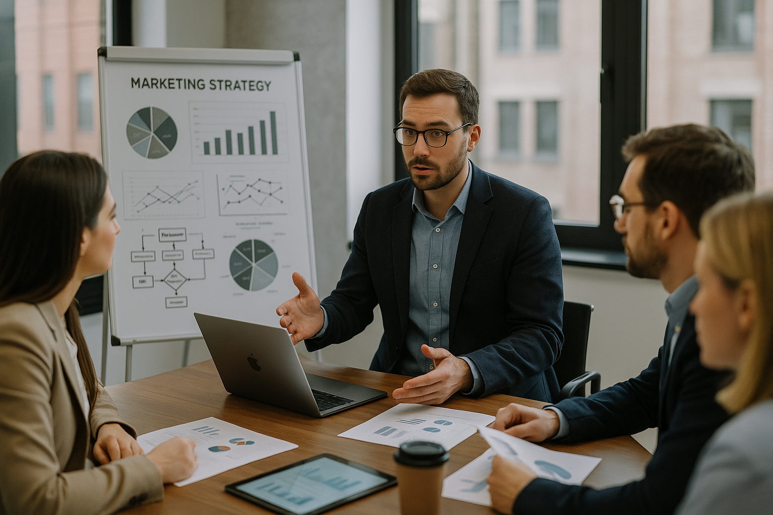 Consultor trabalhando com equipe de negócios em estratégias de marketing.