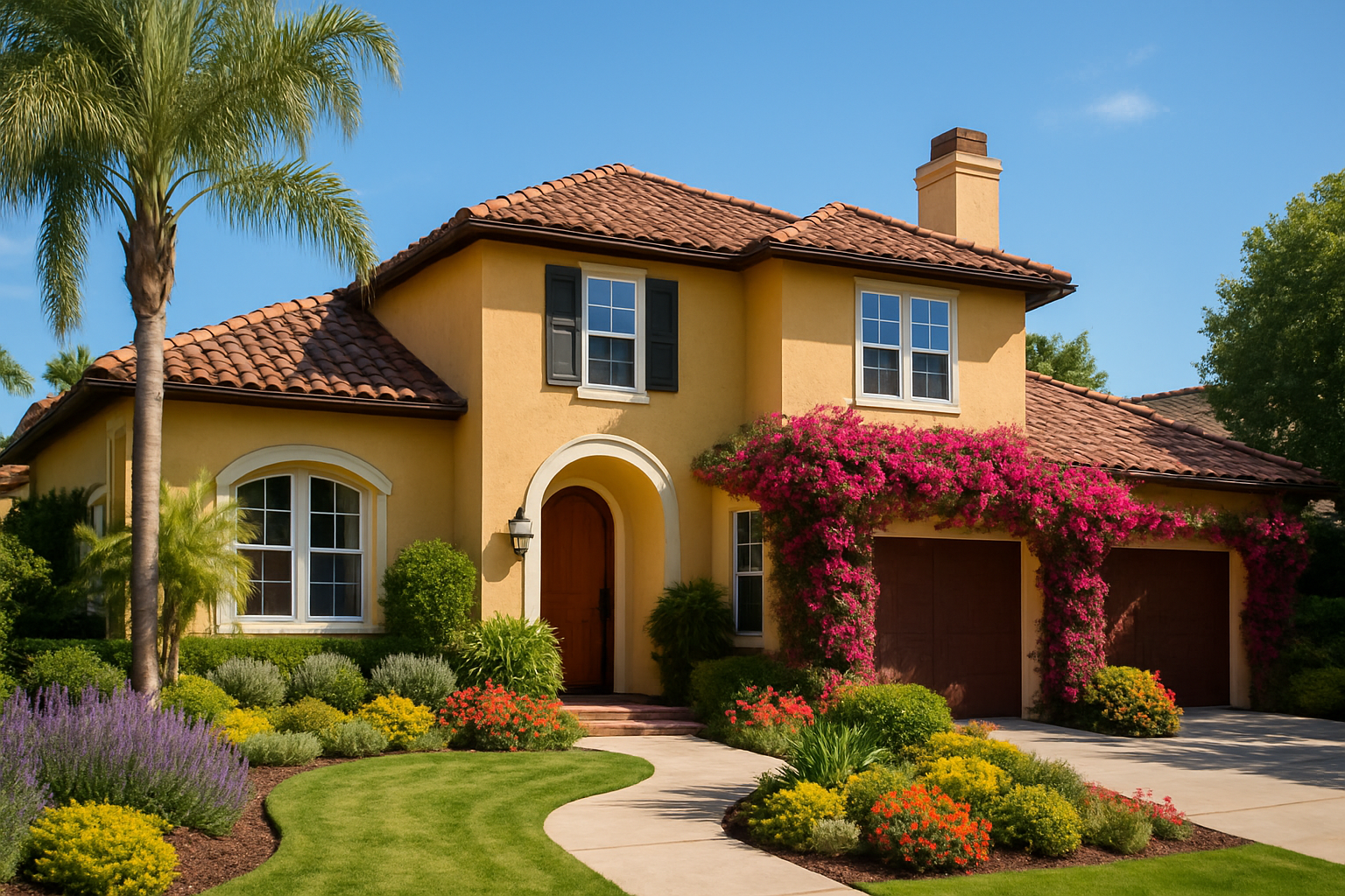 Anúncio imobiliário criativo com casa atraente e paisagismo