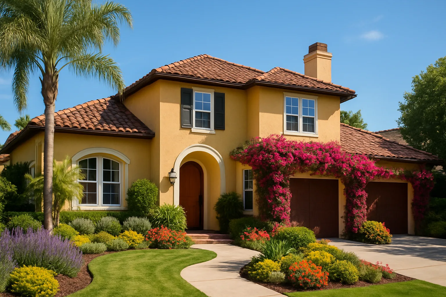 Anúncio imobiliário criativo com casa atraente e paisagismo