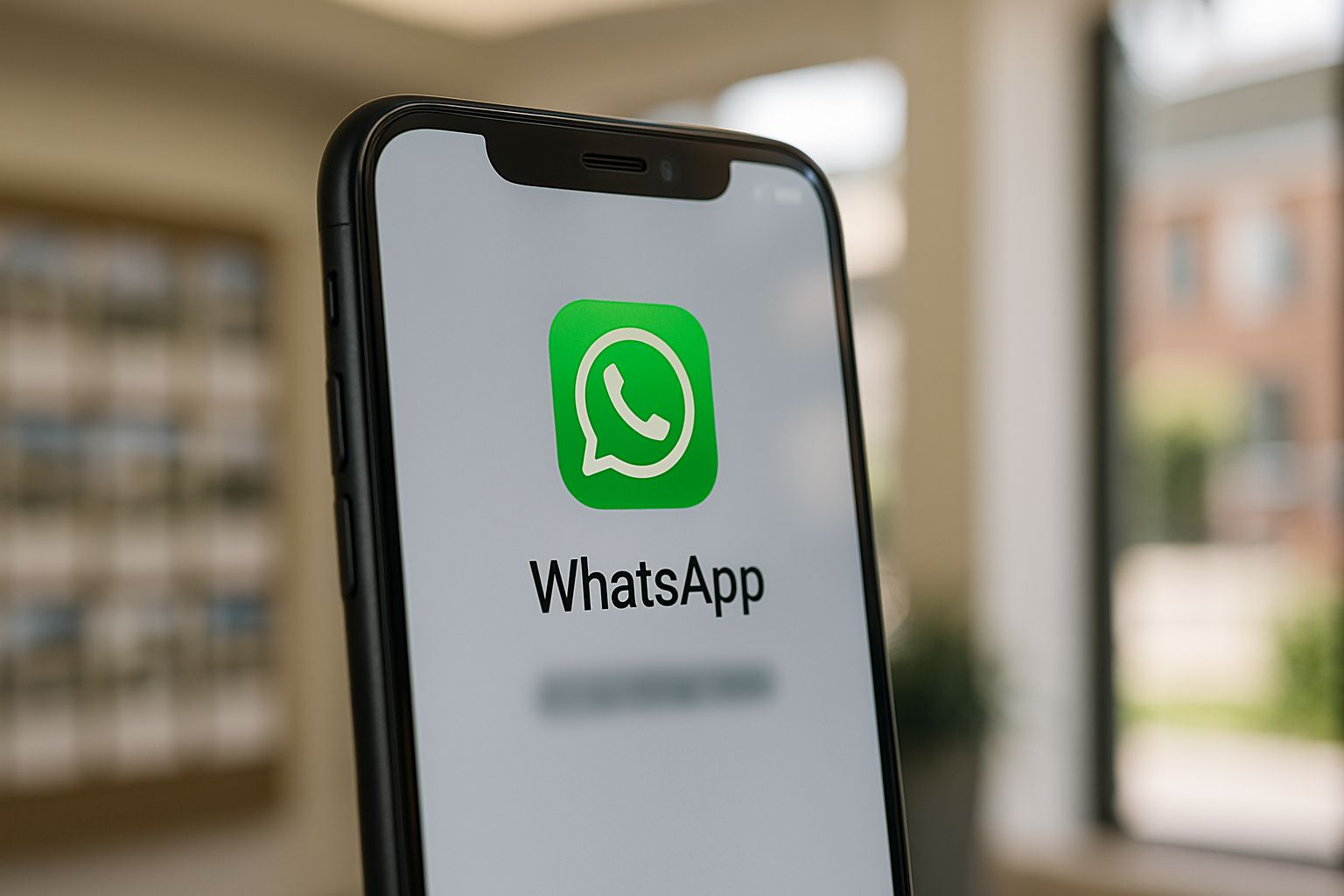 Tela de smartphone mostrando nome de usuário do WhatsApp em um escritório imobiliário.