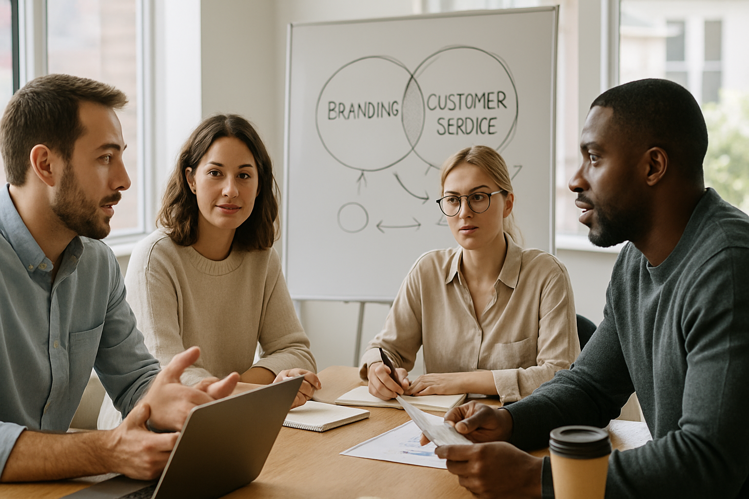 Reunião de equipe discutindo estratégias de atendimento ao cliente.