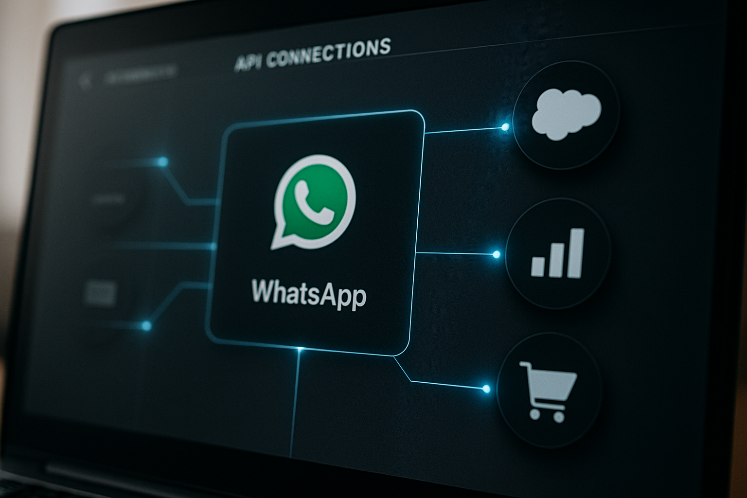 Interface digital mostrando conexões de API entre WhatsApp e ferramentas empresariais.