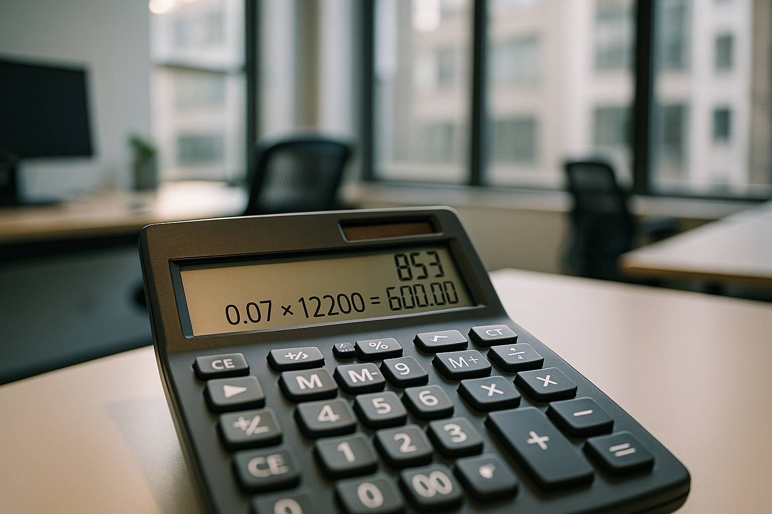 Calculadora mostrando custos de mensagens para empresas em um escritório.