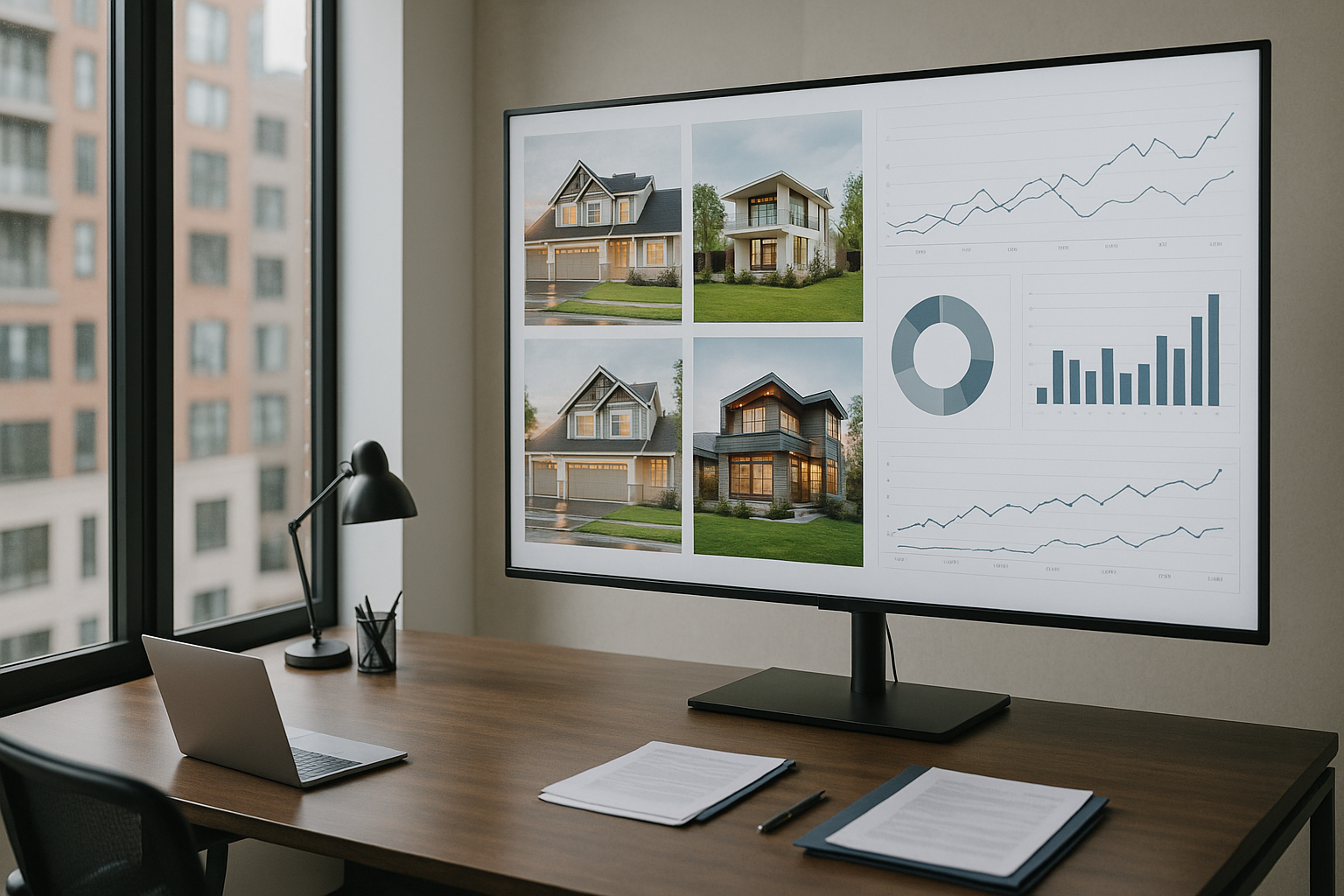 Escritório moderno com tela exibindo anúncios imobiliários.
