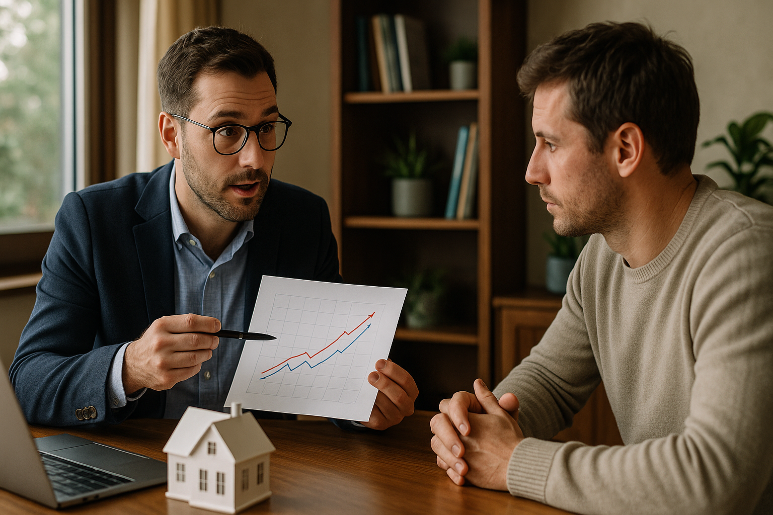 Consultor imobiliário explicando tendências de mercado a um cliente.